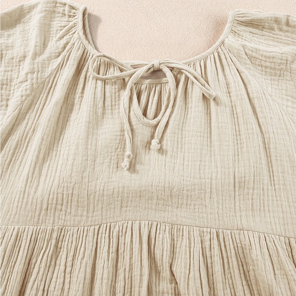 Khaki  Crinkle Embroidered Patched Bubble Sleeve Tied Neck Blouse Bohemian - Picture 4 of 11